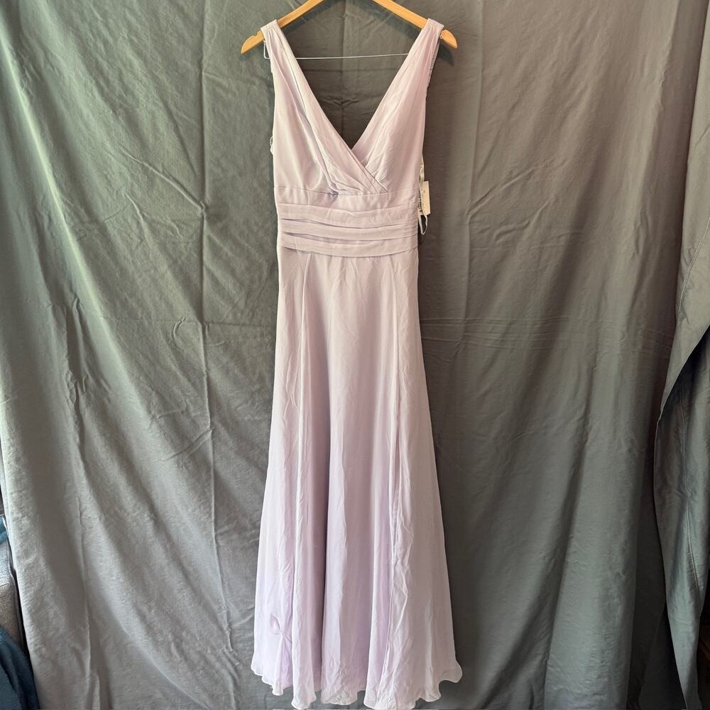 David’s Bridal F19831 Long Chiffon Surplice V-Neck Dress Iris Purple Size 10